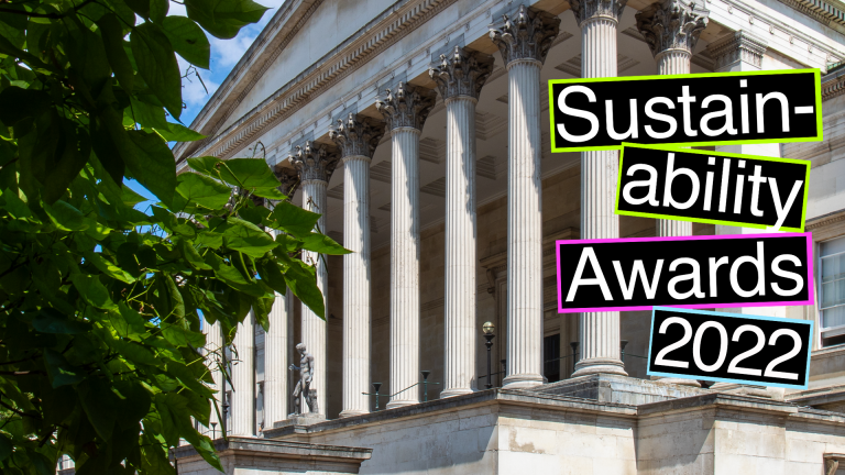 UCL Portico with colourful text overlay reading: Sustainability Awards 2022