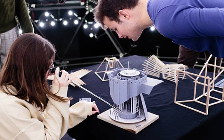Students testing light levels on an architectural model in our Artificial Sky.