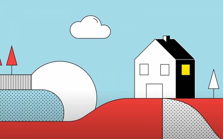 drawing of a house on a red hill with a light blue background with clouds in the sky