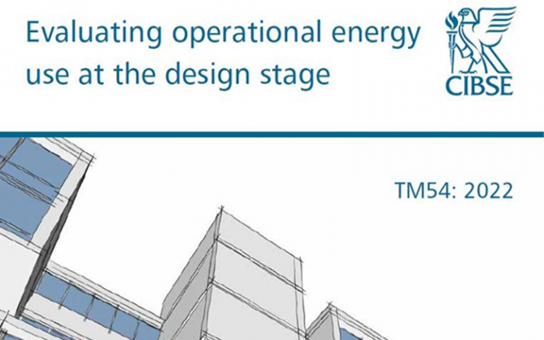 Text: Evaluating operational energy use at the design stage, CIBSE with drawings of a building 