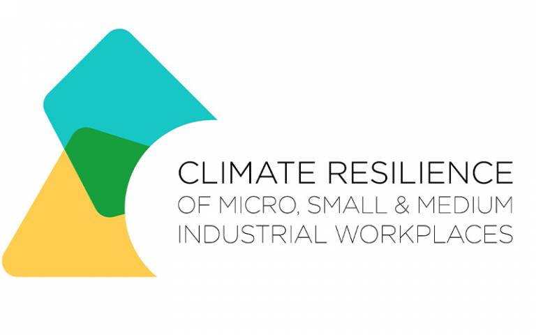 Green and yellow shapes with Climate Resilience of micro, small & medium industrial workplaces written next to them