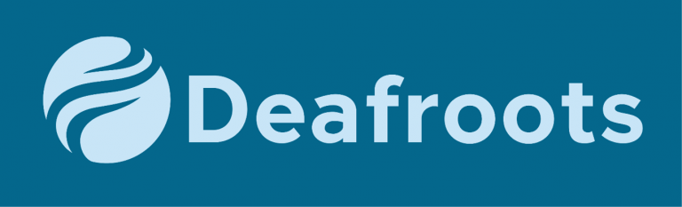 light blue circle with darker blue swirls next to the word Deafroots 