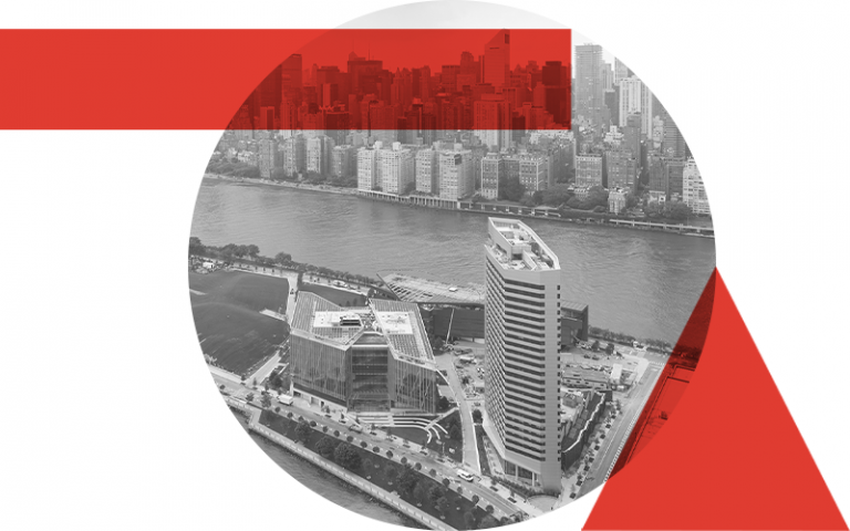 Black and white circular image of Cornell Tech in New York City with a red rectangle overlay and a red triangle. 