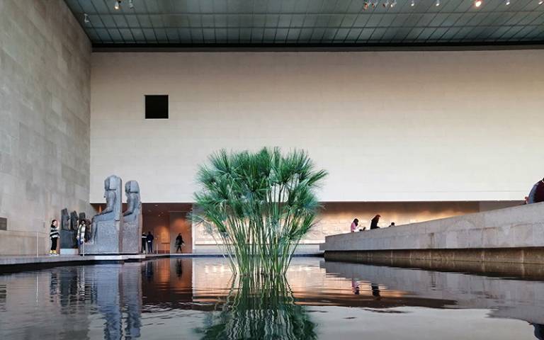 View of the Met Museum interior with sculptures and plants