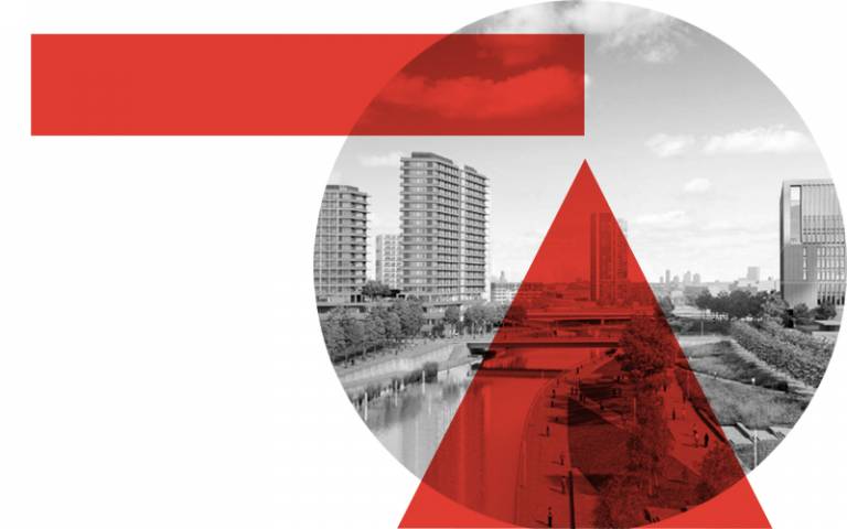 Stratford east bank with red graphic shapes