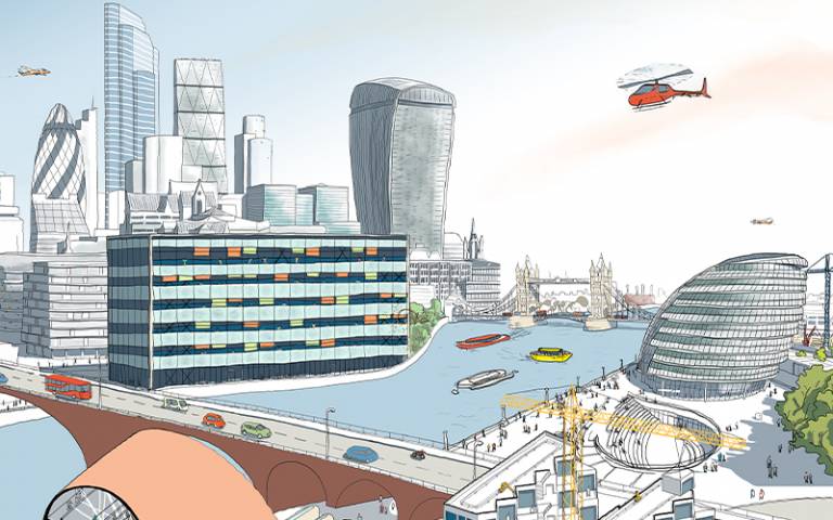 drawing of London over the river looking at Mayor's offices