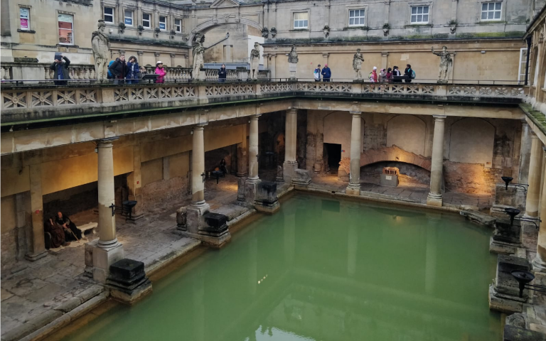 Photo shows the Roman Baths in Bath, UK.