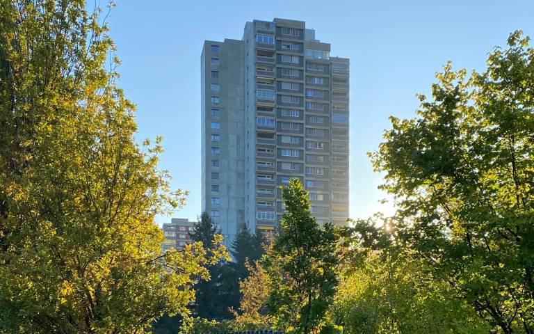 High-rise block of flats surrounded by trees
