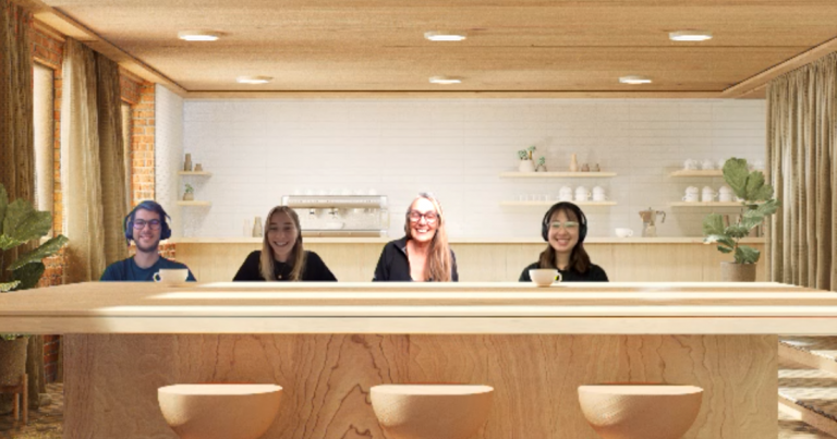 Virtual background of a coffee bar with four researchers 