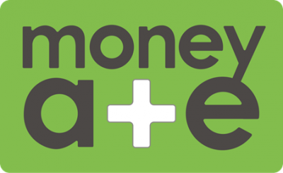 light green rectangle with money a+e in grey and the + sign is white