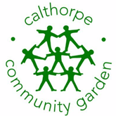 Seven green figures in star shapes lying on the ground connected by feet and hands with the words calthorpe community garden encircling them