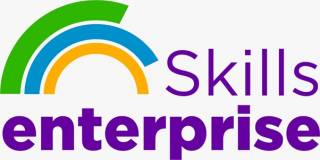 green, blue and yellow arches like a rainbow with skills enterprise written in purple 