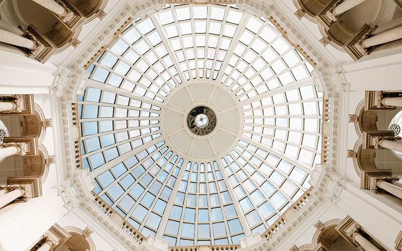 Photo shows a view of the ceiling of the Tate Britain from below