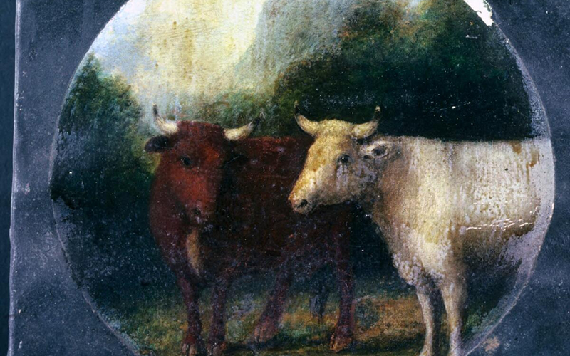 Painting by Hugh Hughes: Cattle in mountain landscape
