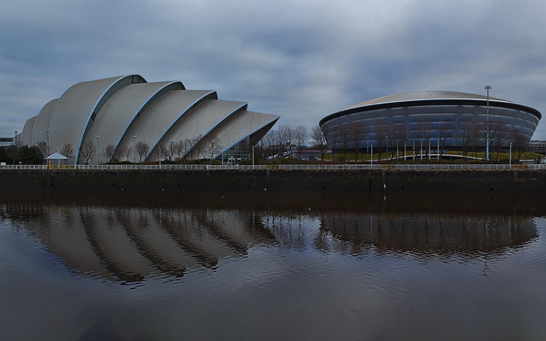 Photo shows the Armadillo and Hydro venues, part of the Scottish Events Campus in Glasgow.