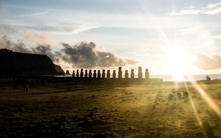Rapa Nui / Easter Island landscape with Moai statues along the horizon