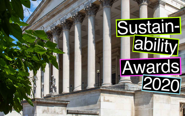 UCL Portico columns with colourful text overlay reading: Sustainability Awards 2020