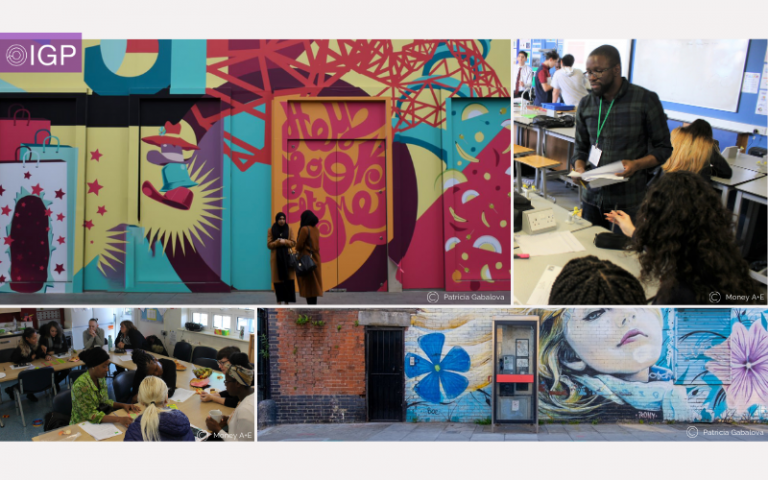 Four picture collage. Top left: two women in front of a colourful wall. Top right: a secondary school class room with students and a teacher. Bottom left: a classroom with adult female students. Bottom right: phone booth in front of a graffiti wall   