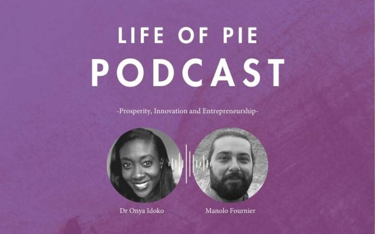 Life of pie podcast cover with photos of Onya Idoko and Juan Manuel Castillo