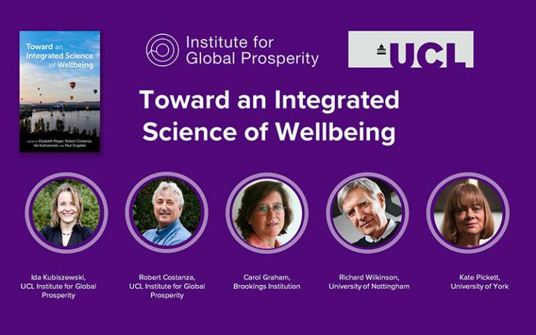 Toward an Integrated Science of Wellbeing book cover and photos of the speakers