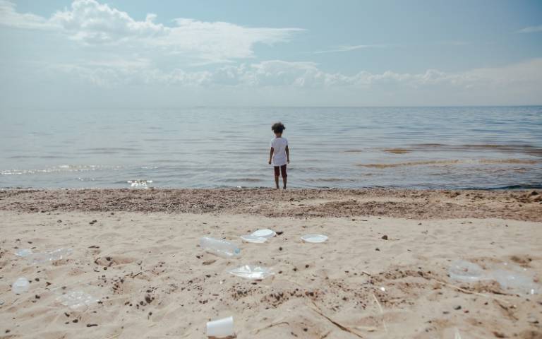 Child standing on beach shore