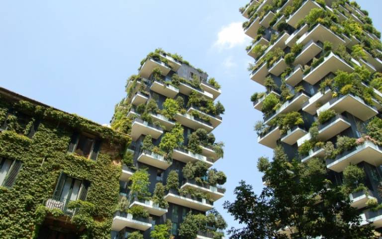 Buildings covered in plants and greenery