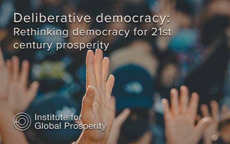 Image shows a sea of raised hands overlayed with the text 'Deliberative democracy: Rethinking democracy for 21st century prosperity'