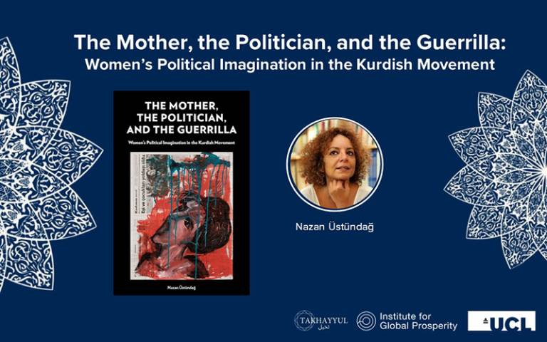 Image shows a photo of author Nazan Üstündağ alongside her book The Mother, the Politician, and the Guerrilla