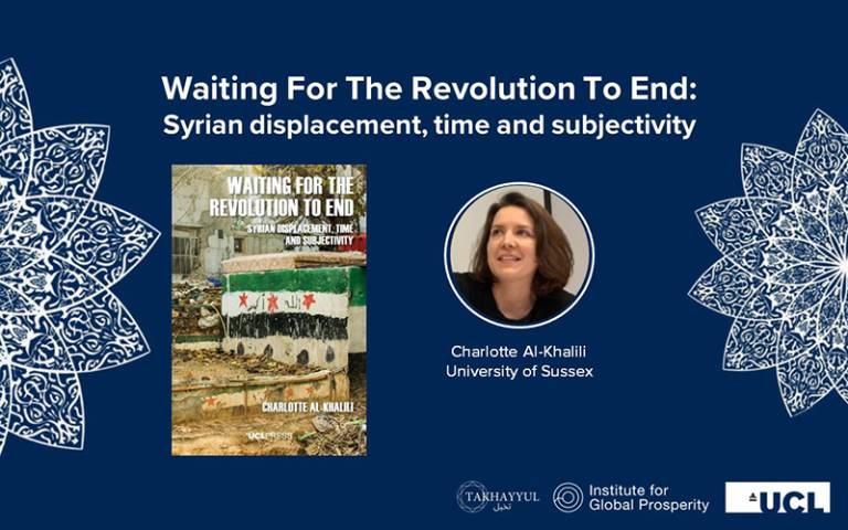 Image shows a photo of author Charlotte Al-Khalili alongside her book Waiting For The Revolution To End