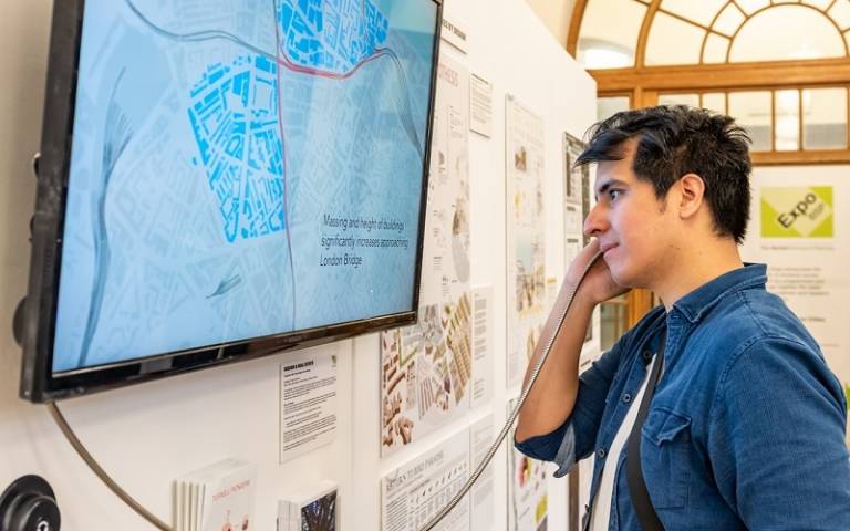 Student looking at screen at expo 2019