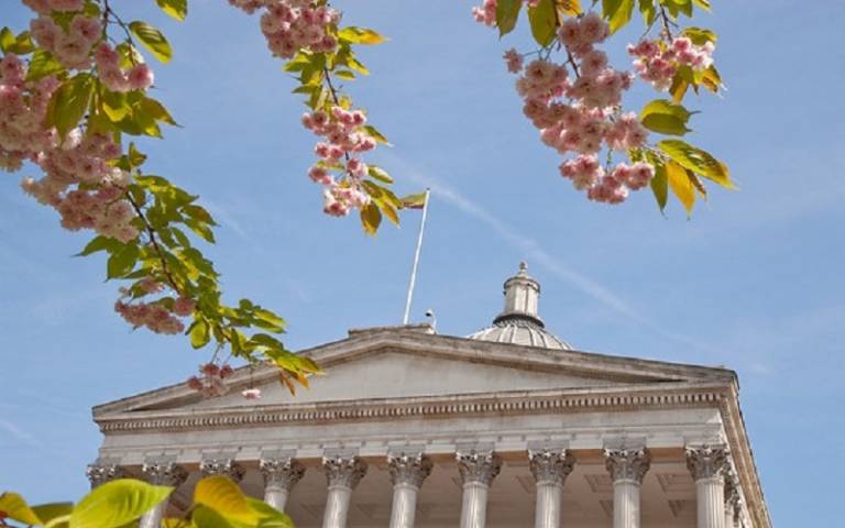 UCL Portico and tree blossoms