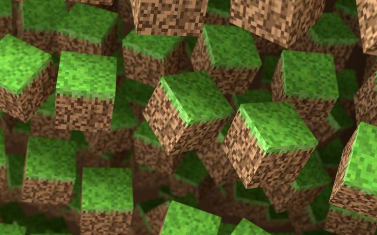 3D Abstract cubes. Video game geometric mosaic waves pattern. Construction of hills landscape using brown and green grass blocks. Concept of game minecraft