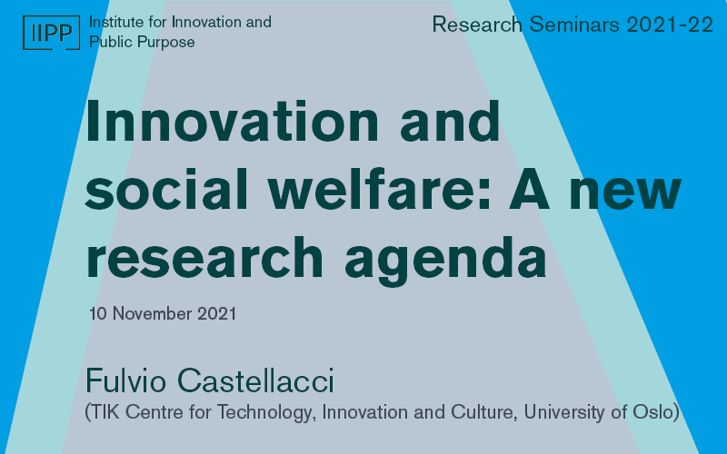 This image is a graphic for the talk titled 'Innovation and social welfare'. This talk forms part of the IIPP Research Seminar Series