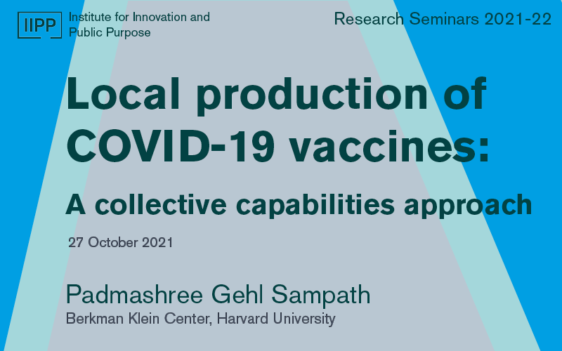 A poster advertising Padmashree Gehl Sampath's seminar on 'Local production of Covid-19 vaccines''. 