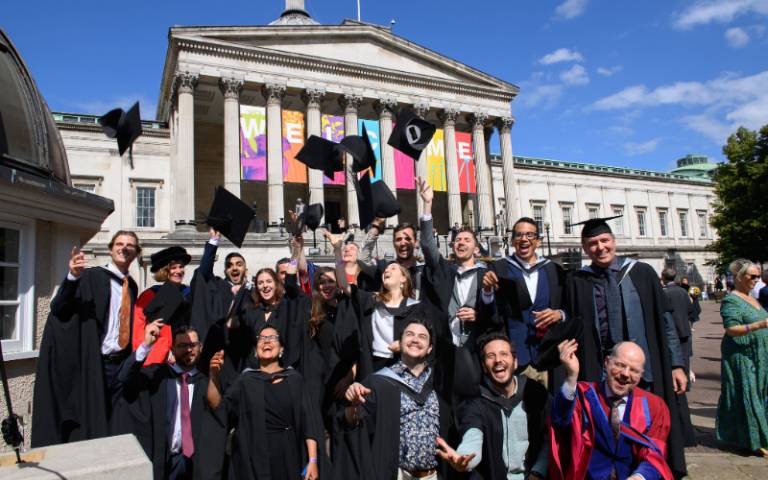 2021-22 IIPP MPA students celebrating their graduations outside the UCL Portico