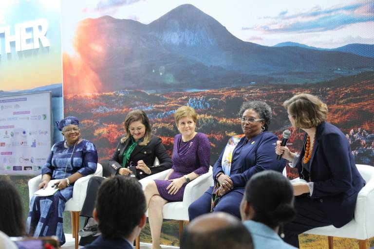 Left to right: Ngozi Okonjo-Iweala, Director-General of the World Trade Organization, Hala El Said, Minister of Planning and Economic Development for Egypt, Nicola Sturgeon, First Minister of Scotland, Mia Amor Mottley, Prime Minister of Barbados, Profess