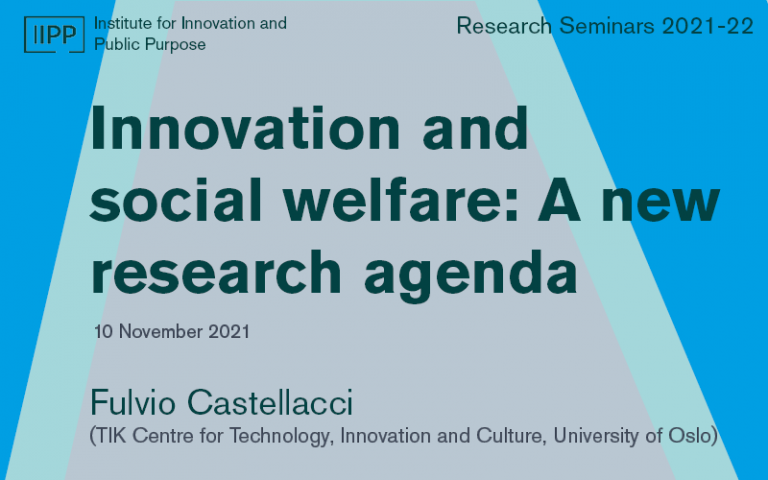 This image is a graphic for the talk titled 'Innovation and social welfare'. This talk forms part of the IIPP Research Seminar Series