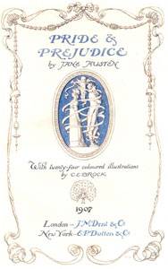 Title page of a 1907 edition of Pride and Prejudice illustrated by C. E. Brock