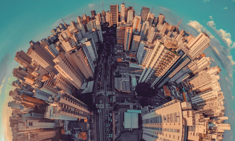 A 360 degree photograph taken in a built-up city