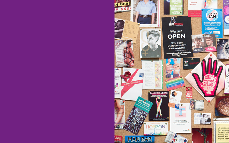 Exhibition wall with flyers for LGBTQIA+ nights