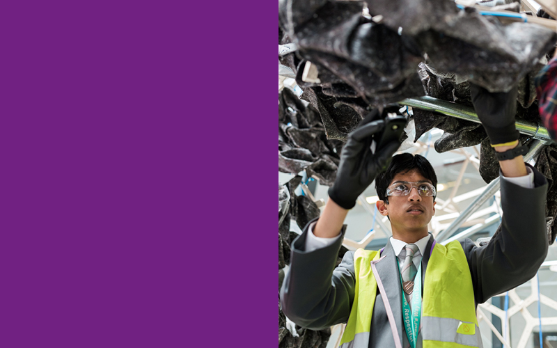 Split image of the colour purple and an image of a student wearing a hi-vis vest, gloves and safety goggles working on a sculpture project