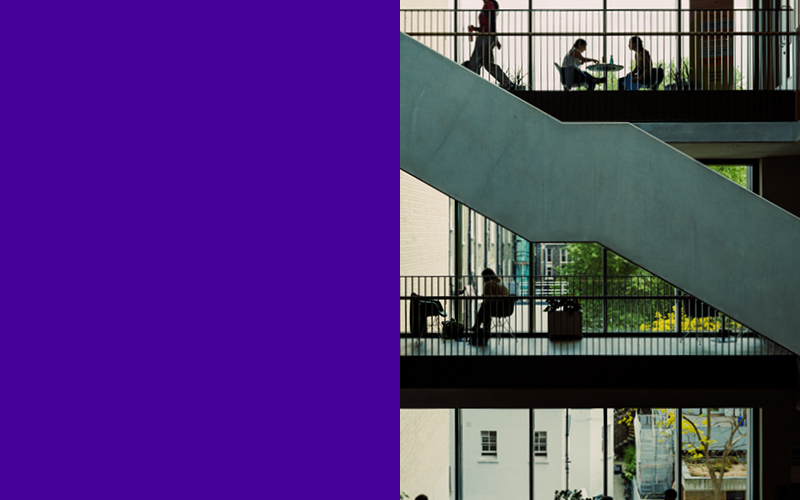 Split image of a deep purple colour and a photo of a staircase at The UCL Student Union Centre showing students sitting at desks and walking