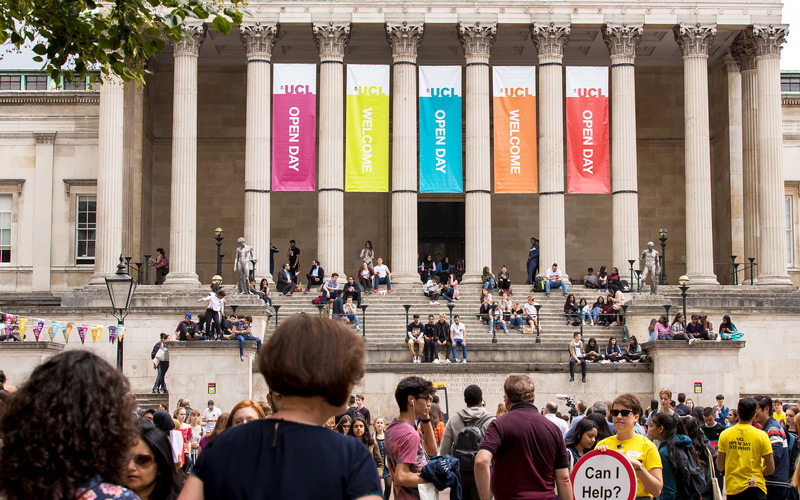 Students in UCL's main quad during an Open Day