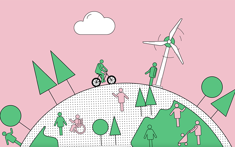 Pink, green and black graphic showing half of the globe with various people, trees and a windmill 