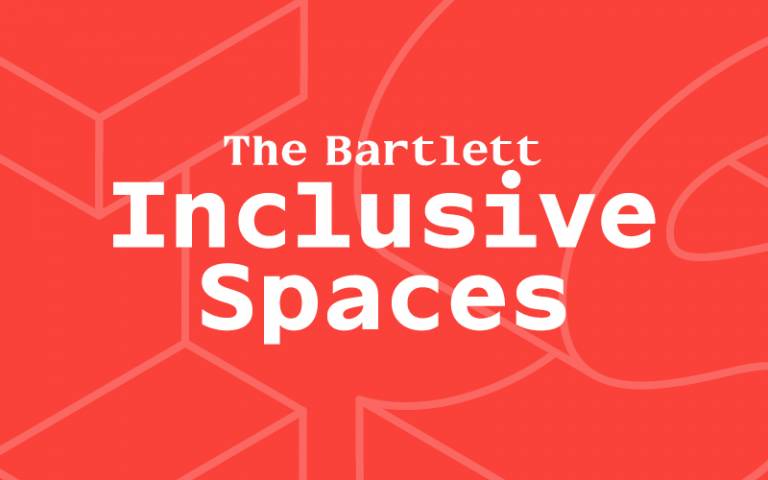 Text reads: The Bartlett Inclusive Spaces on orange background with large graphic letters I and S partially outlined in purple