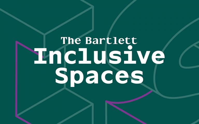 Text reads: The Bartlett Inclusive Spaces on dark green background with large graphic letters I and S partially outlined in purple