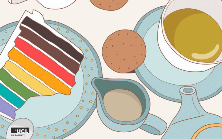 An illustrated image of a cup of coffee and rainbow cake