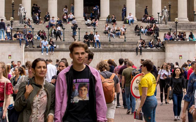 Students in front of the main building, UCL, during an open day