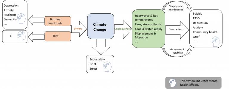 Diagram: drivers and consequences of climate change impact mental health.