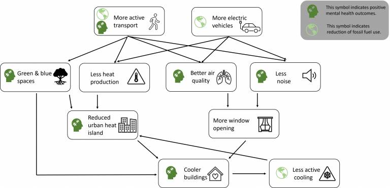 Diagram: Co-benefits of reducing fossil-fuelled transport. 